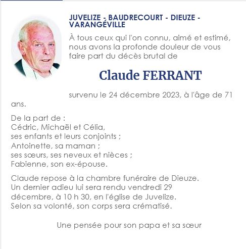 559 Avis de décès de Claude FERRANT paru le 27 12 2023 dans Le Républicain Lorrain département Moselle Libra Memoria www.libramemoria.com 600